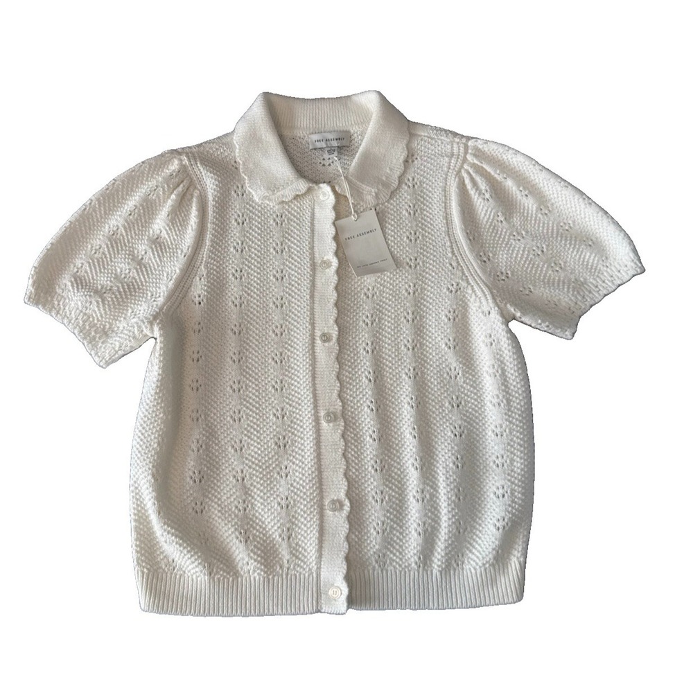 Cottage Pointelle Cardigan L Cream Knit Puff Sleeve Peter Pan Collar Grandma NWT